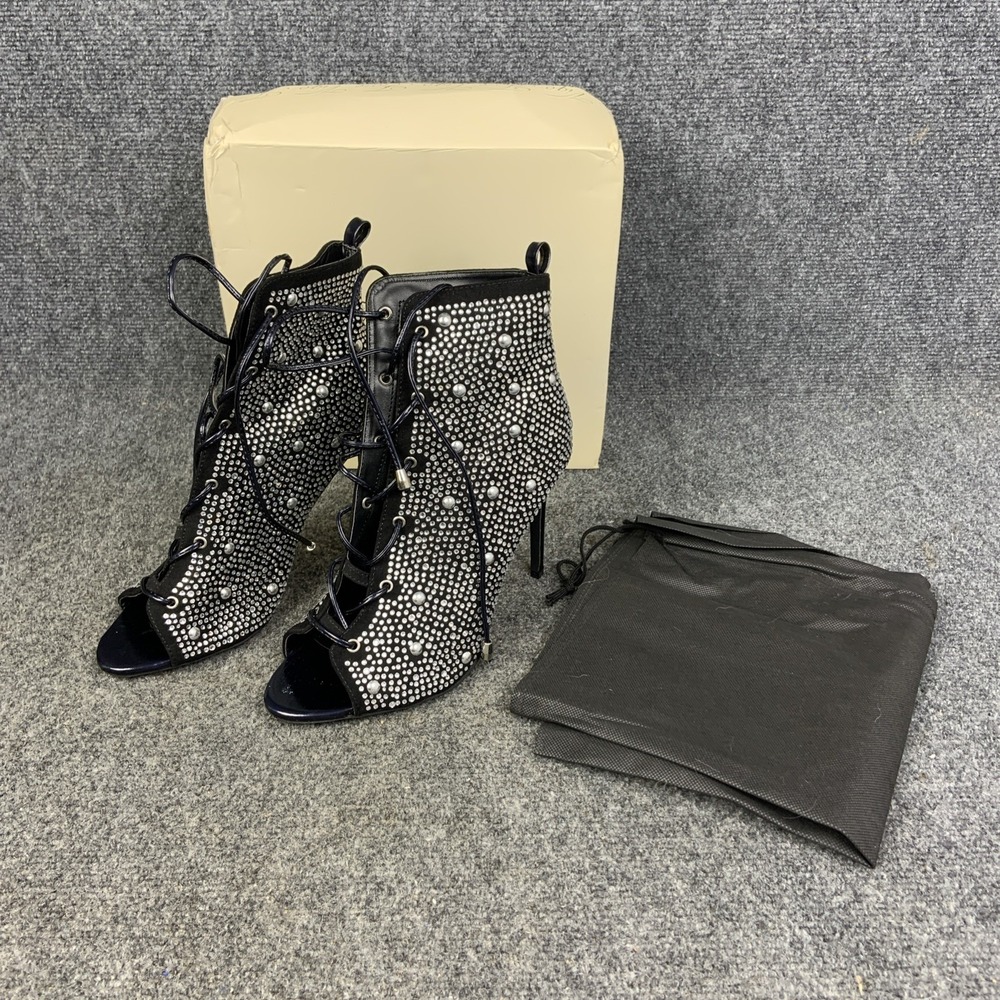 Vigo Fiore Black Mid Calf Length Boots Peep Toe Embellished W/ Rhinestones MINT